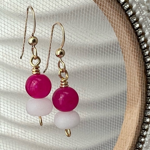Bright Pink White & Gold Beaded Earrings - Picture 1 of 12